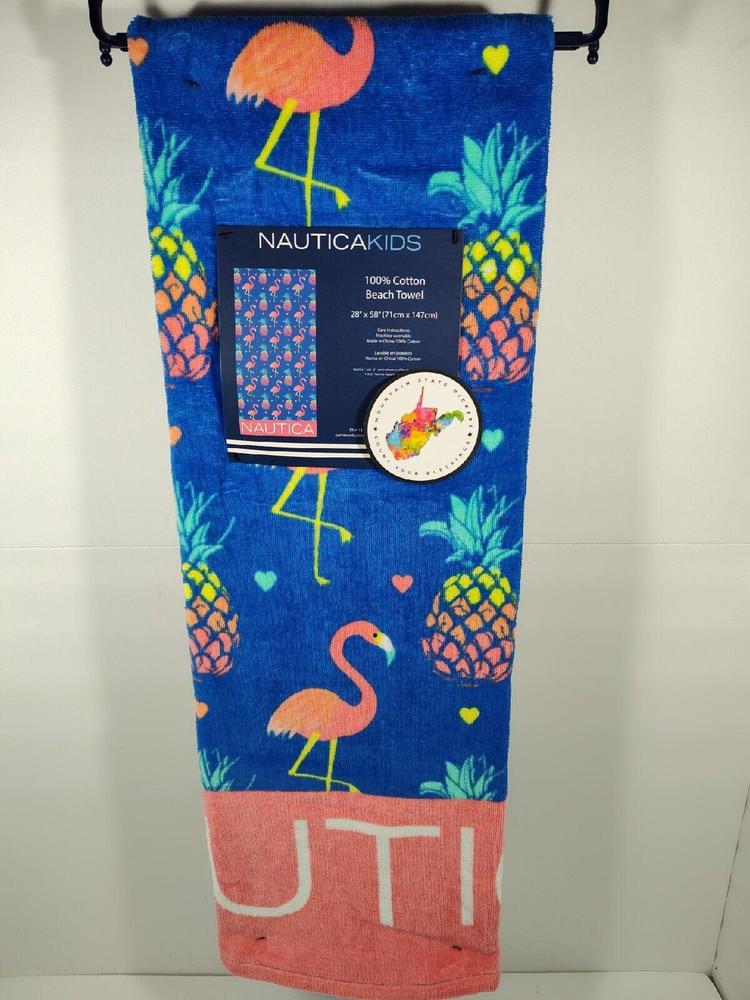 Nautica kids Aqua Beach Pool Towel 28 X 58 Pineapples and Flamings NWT